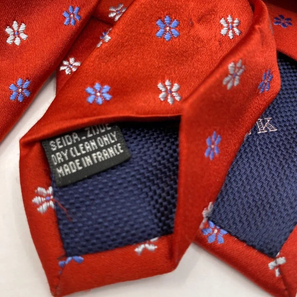 Thomas PINK red power‎ boss necktie blue white flowers silk tie elegant France